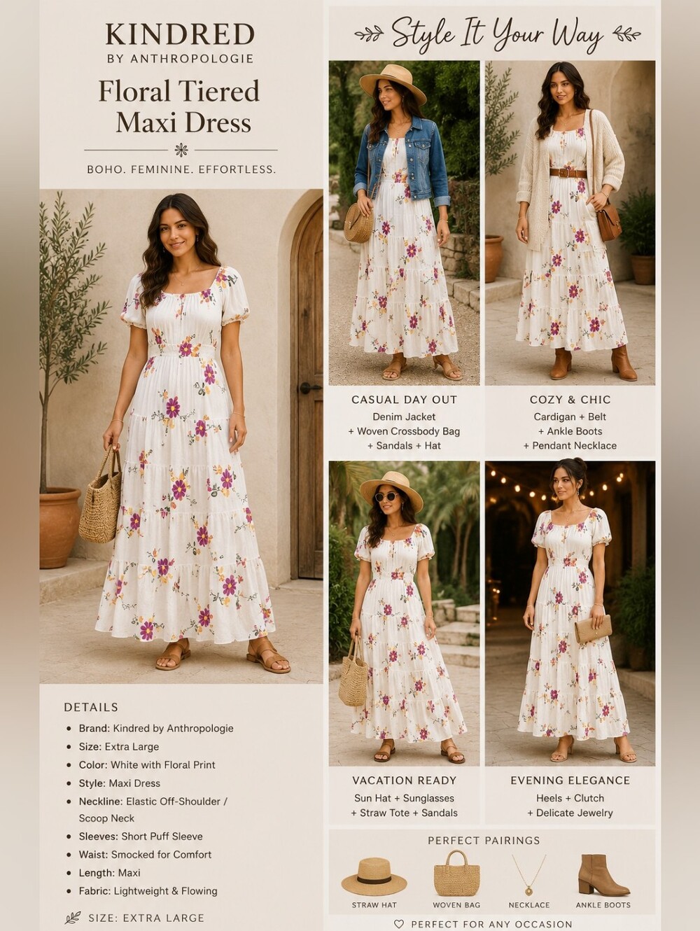 NWT Anthropologie Kindred White Embroidery Smocked Maxi Dress Lined Petite Xl